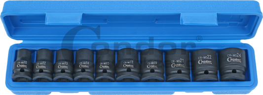 Impact Socket Set, 10 pcs., 1/2&quot;, CrMo, hex 10-24 mmImpact Socket Set, 10 pcs., 1/2", CrMo, hex 10-24 mm