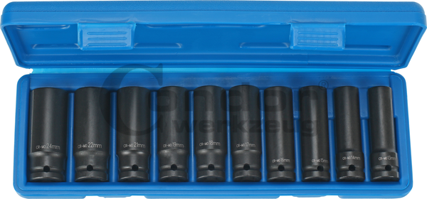 Deep Impact Socket Set, 10 pcs., 1/2", CrMo, hex 13-24 mm