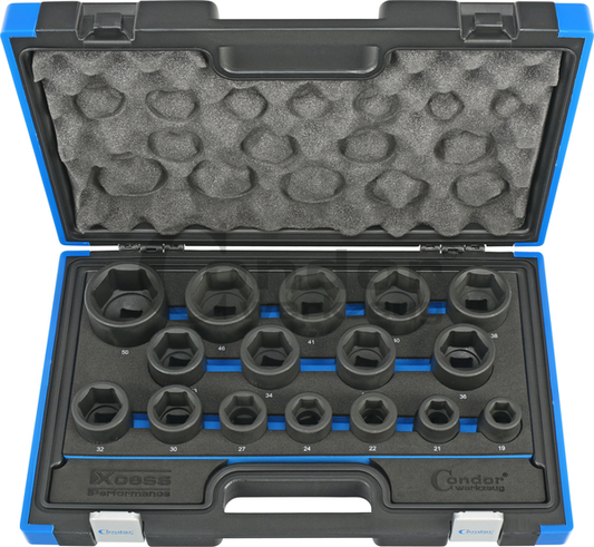 Impact Socket Set, 16 pcs., 3/4", CrMo, hex 19-50 mmImpact Socket Set, 16 pcs., 3/4", CrMo, hex 19-50 mm